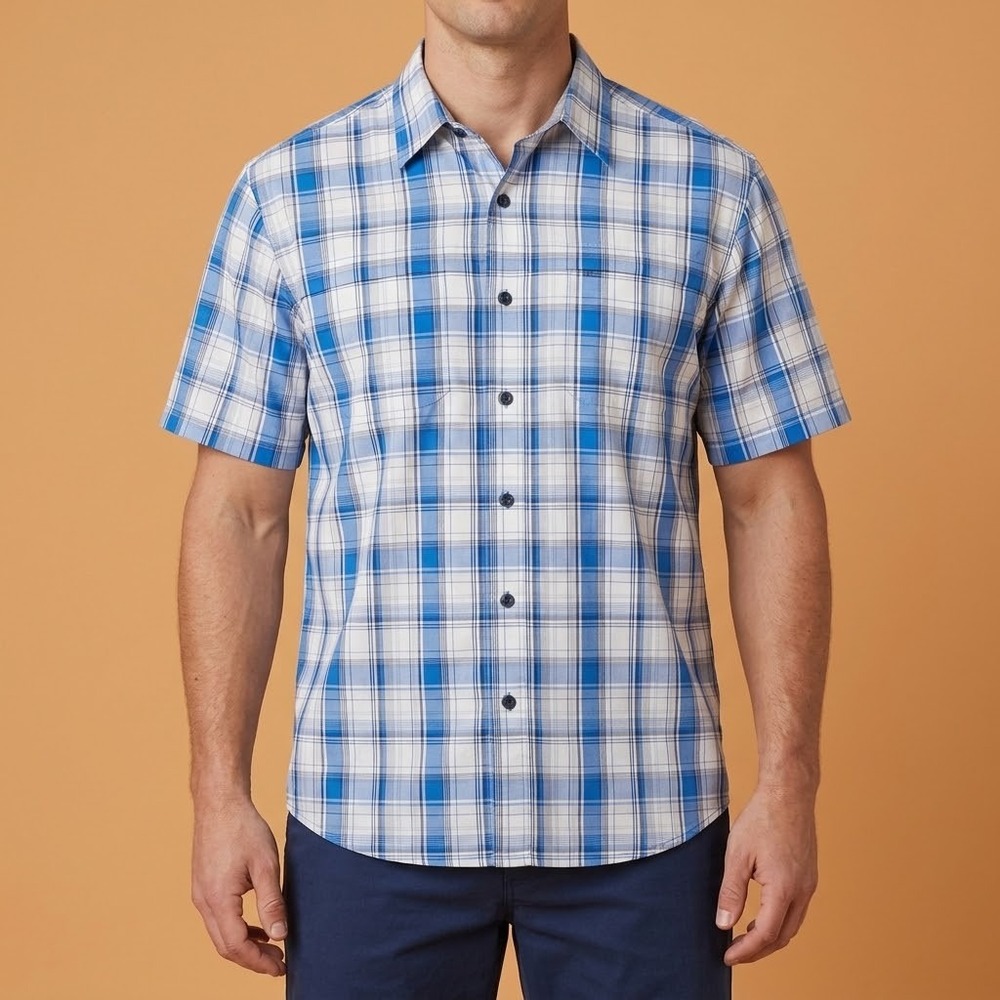 Wrangler Plaid Short Sleeve Shirt Mens Large Blue White Poly Nylon‎ EUC